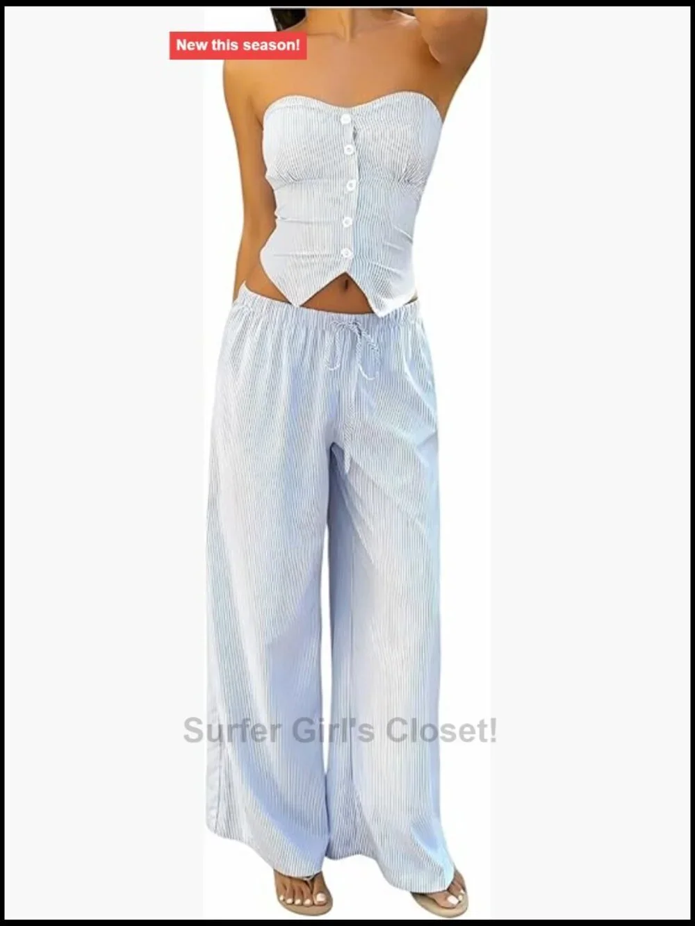 Striped 2 Piece Outfit Button Front Bandeau Pants Set Vacation Outfits